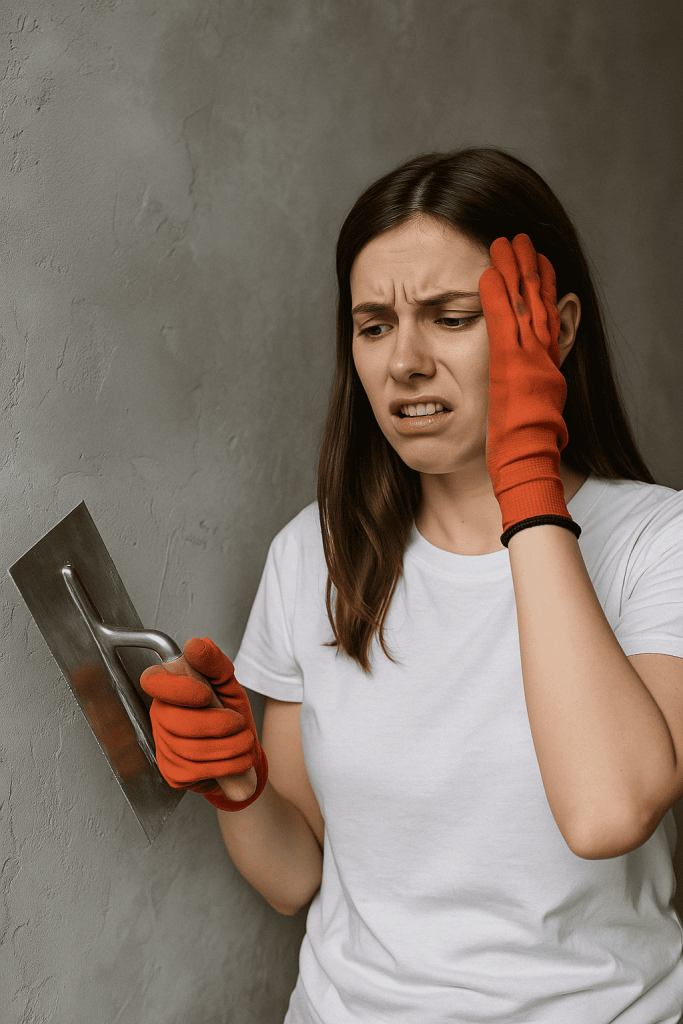 خانم جوانی با دستکش نارنجی در حال اجرای میکروسمنت روی دیوار، با حالت صورت ناراضی و گیج