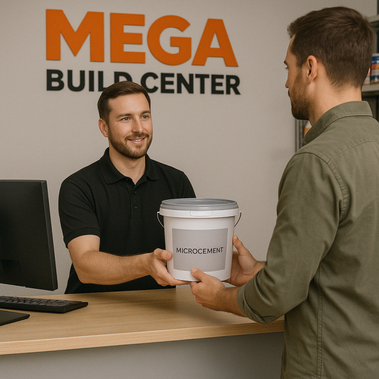 فروشنده در حال تحویل سطل میکروسمنت به مشتری در فروشگاه Mega Build Center