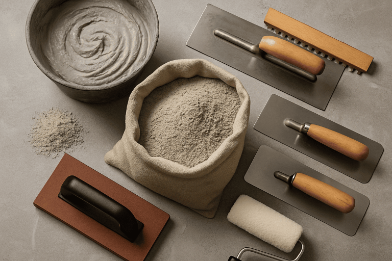 ابزارهای اجرای میکروسمنت شامل ماله، سطل مخلوط، غلتک رنگ و پودر میکروسمنت روی سطح بتنی خاکستری